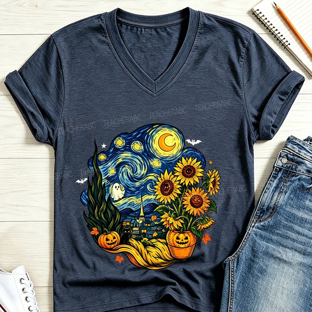 Fall Starry Night Spooky Art Teacher V Neck T-shirt