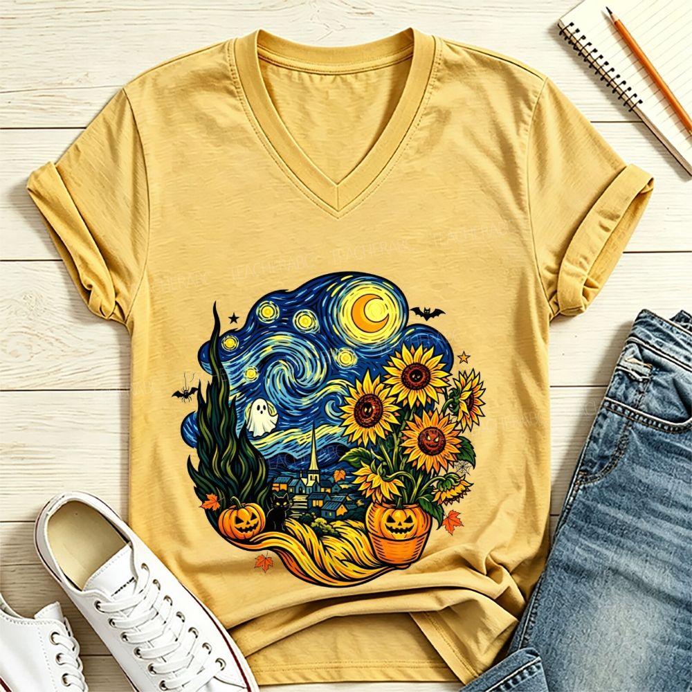 Fall Starry Night Spooky Art Teacher V Neck T-shirt