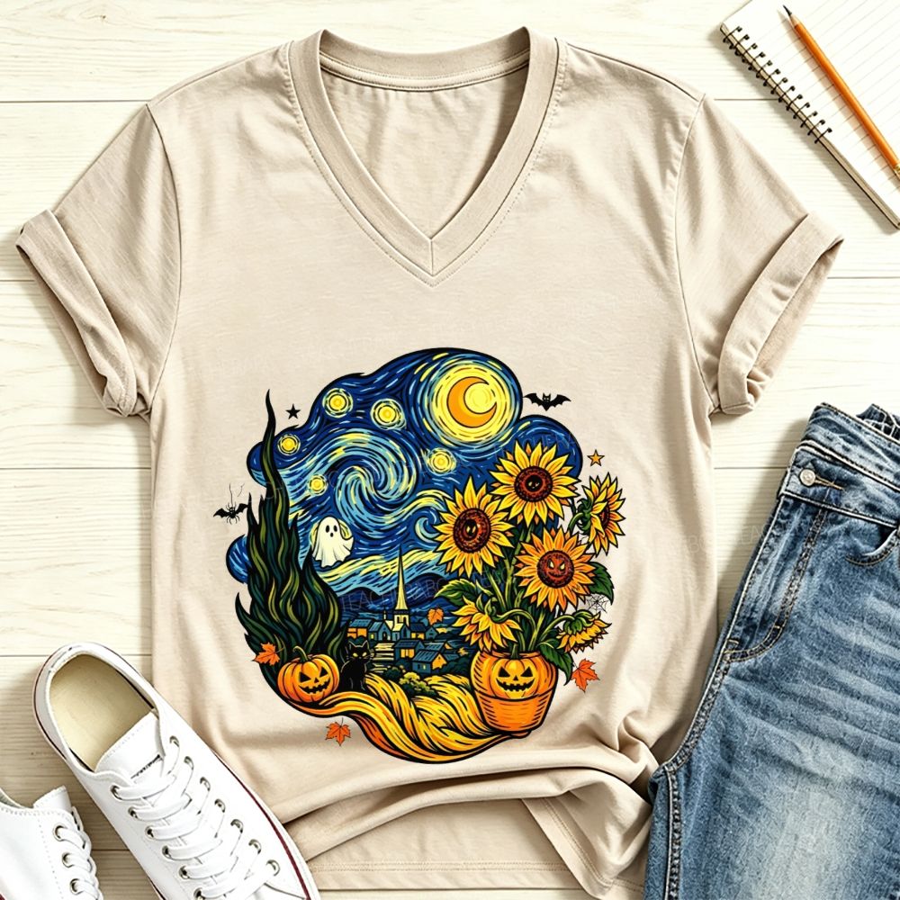 Fall Starry Night Spooky Art Teacher V Neck T-shirt