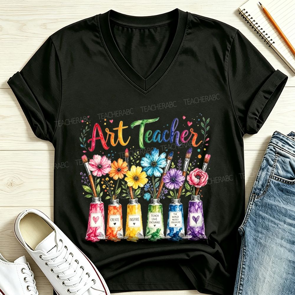 Rainbow Floral Paint Tubes Art Teacher V Neck T-shirt