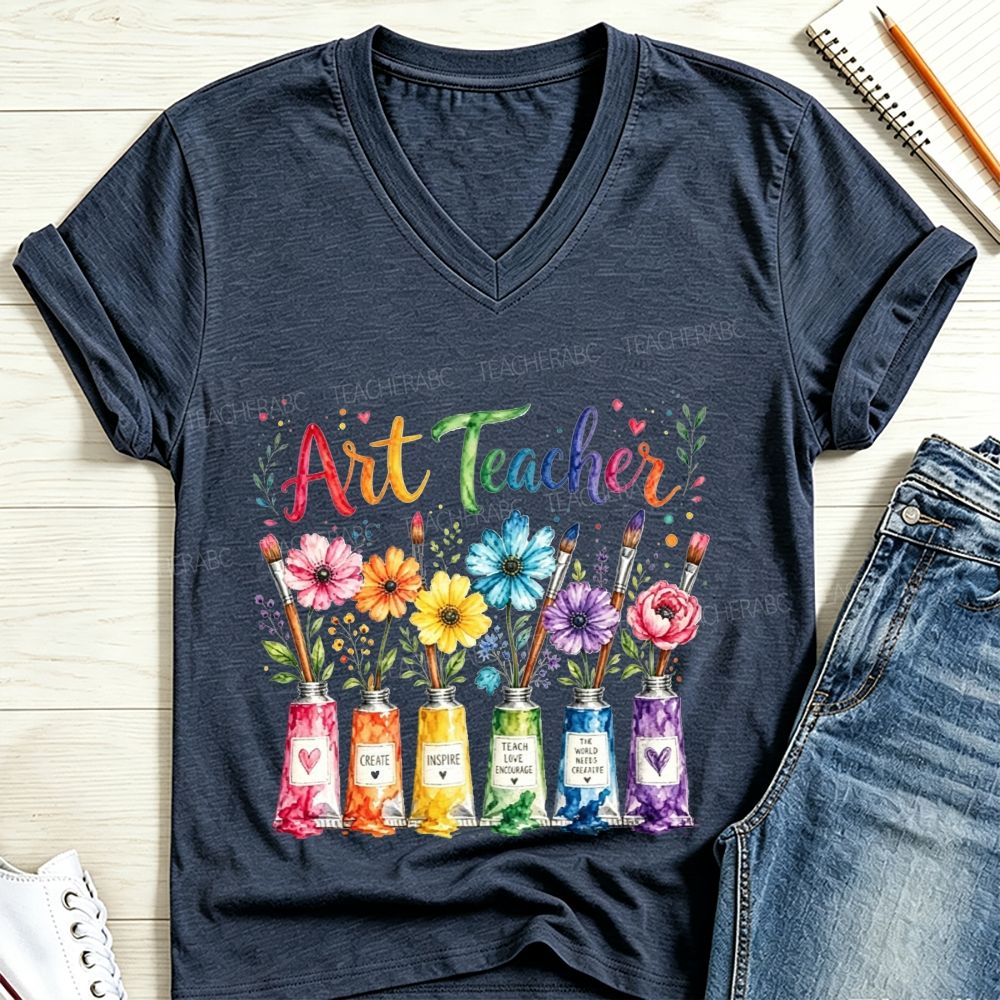Rainbow Floral Paint Tubes Art Teacher V Neck T-shirt