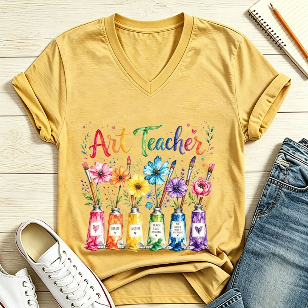 Rainbow Floral Paint Tubes Art Teacher V Neck T-shirt