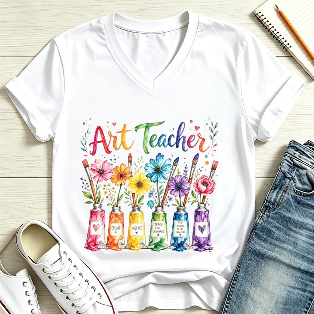 Rainbow Floral Paint Tubes Art Teacher V Neck T-shirt