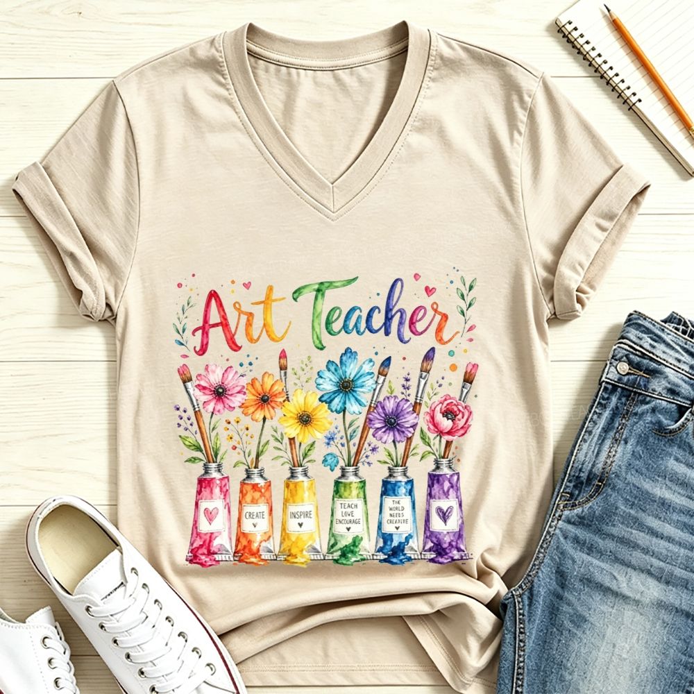 Rainbow Floral Paint Tubes Art Teacher V Neck T-shirt