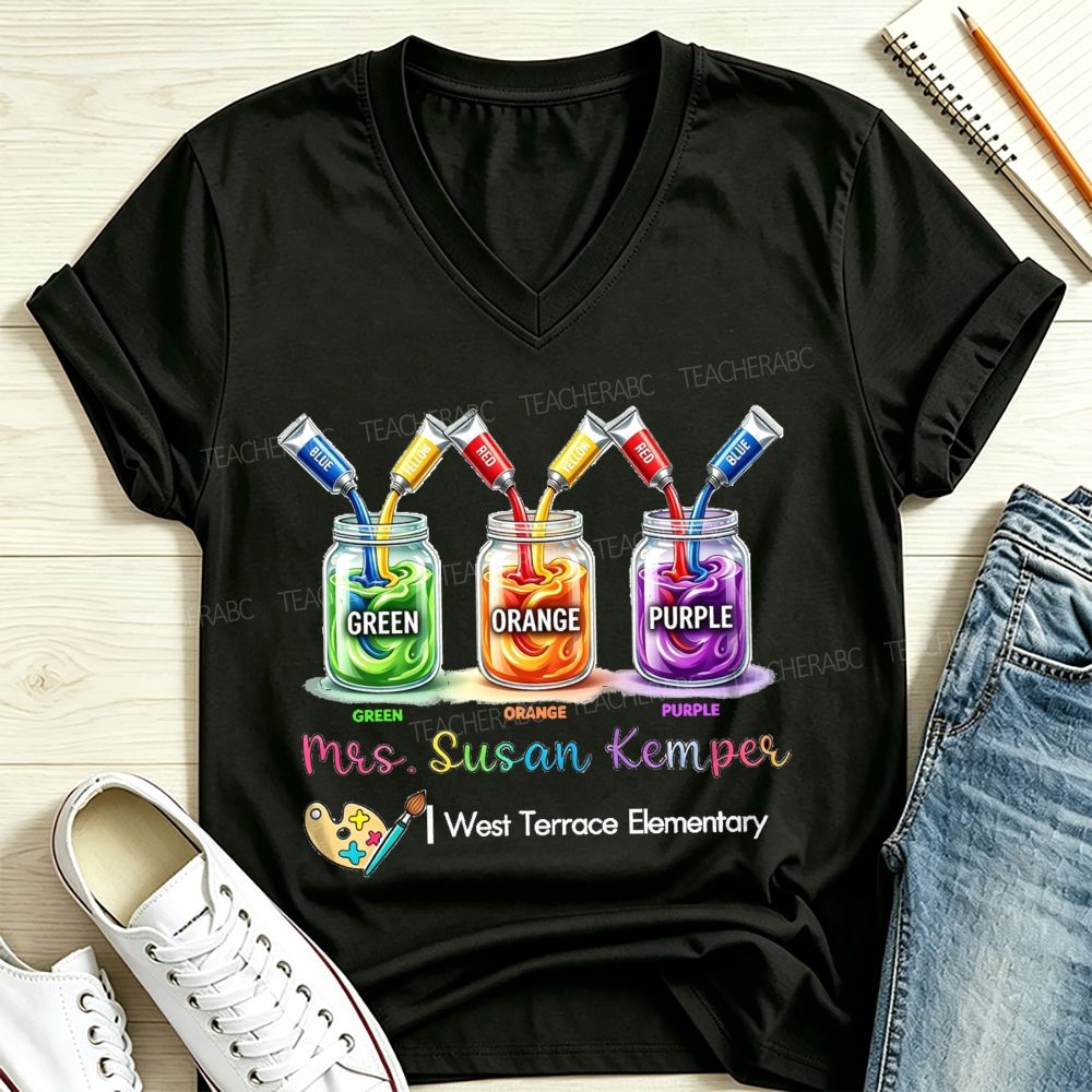 Personalized School And Name Primary Color Mixing Art Teacher V Neck T-shirt