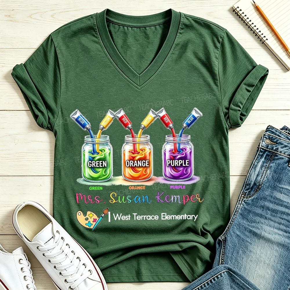 Personalized School And Name Primary Color Mixing Art Teacher V Neck T-shirt