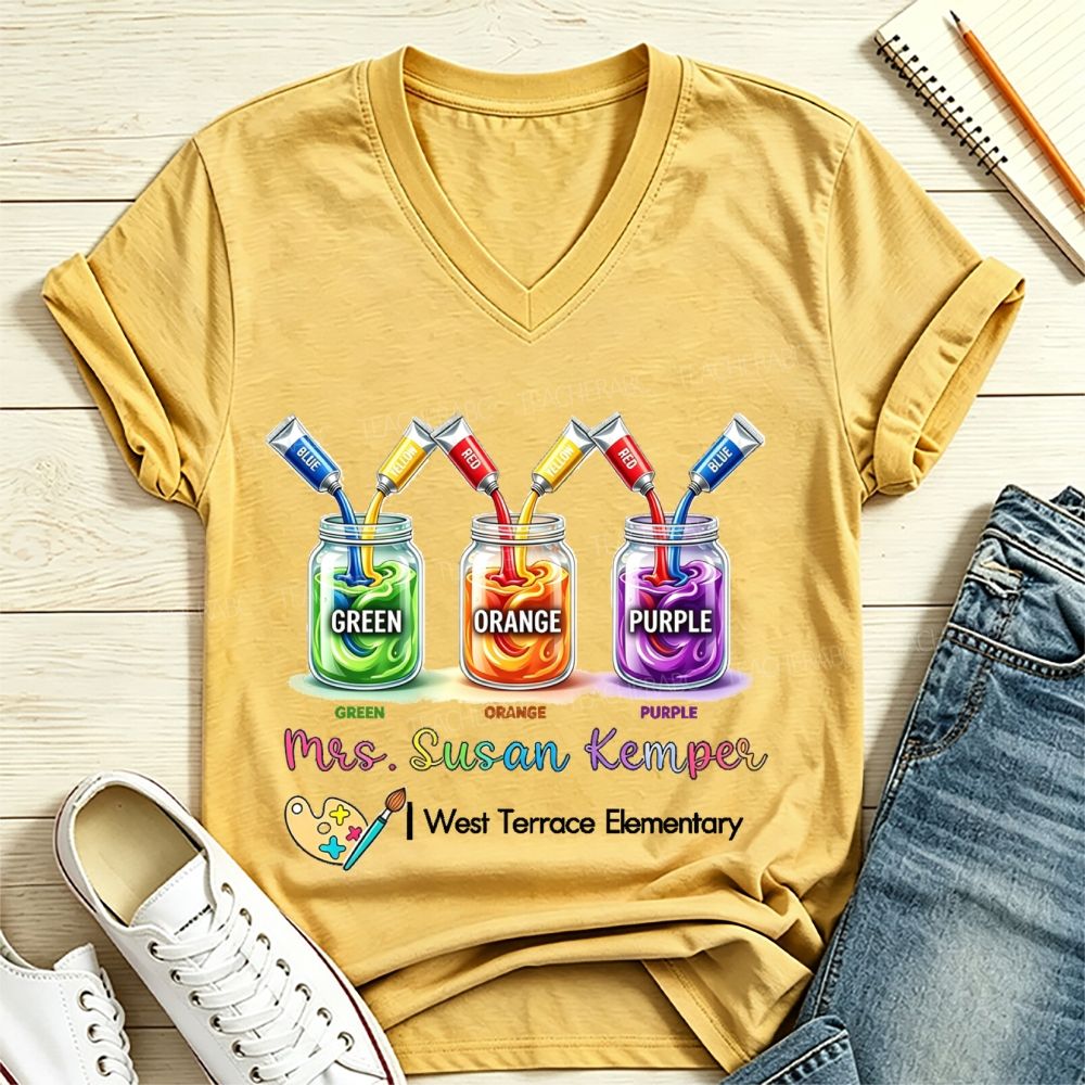 Personalized School And Name Primary Color Mixing Art Teacher V Neck T-shirt