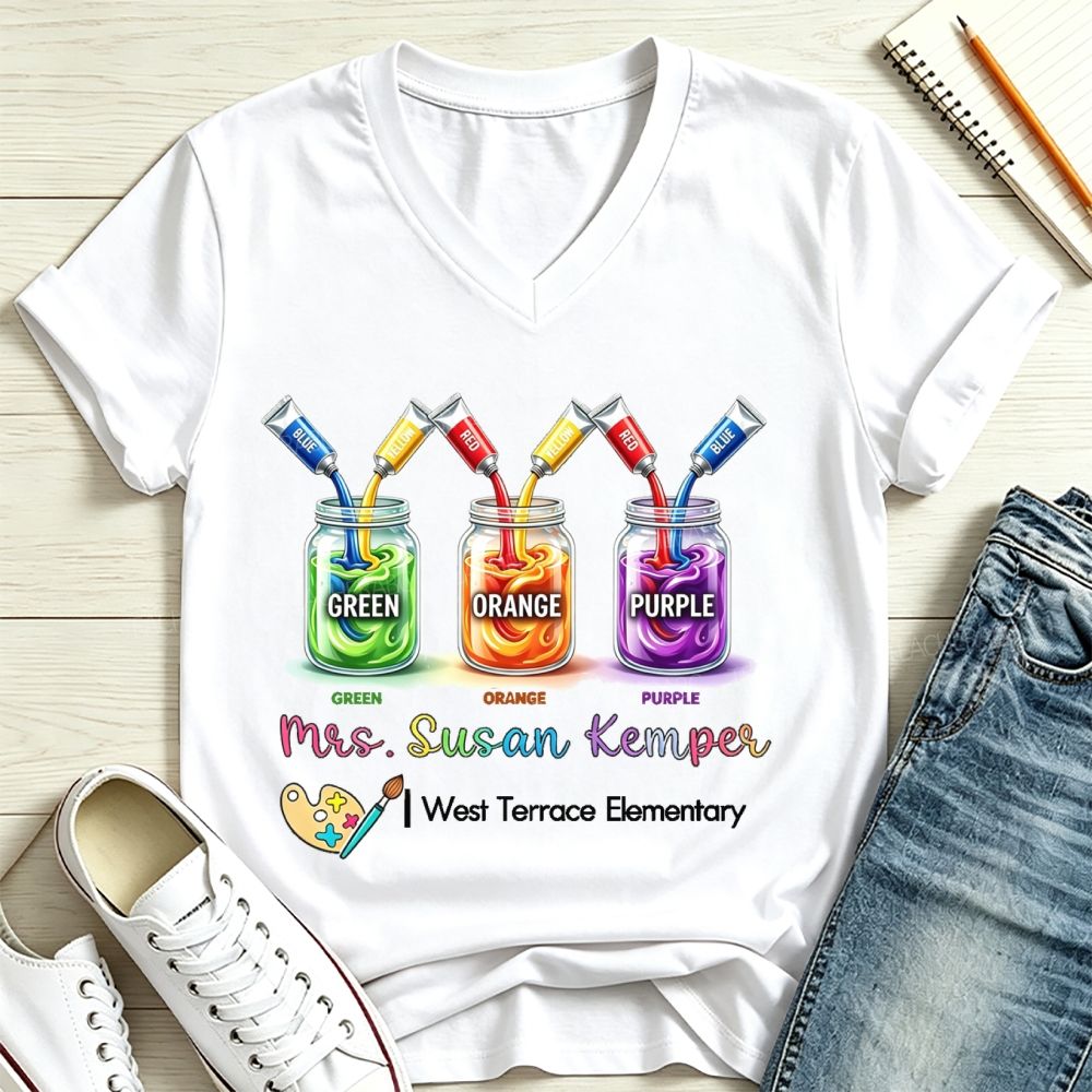 Personalized School And Name Primary Color Mixing Art Teacher V Neck T-shirt