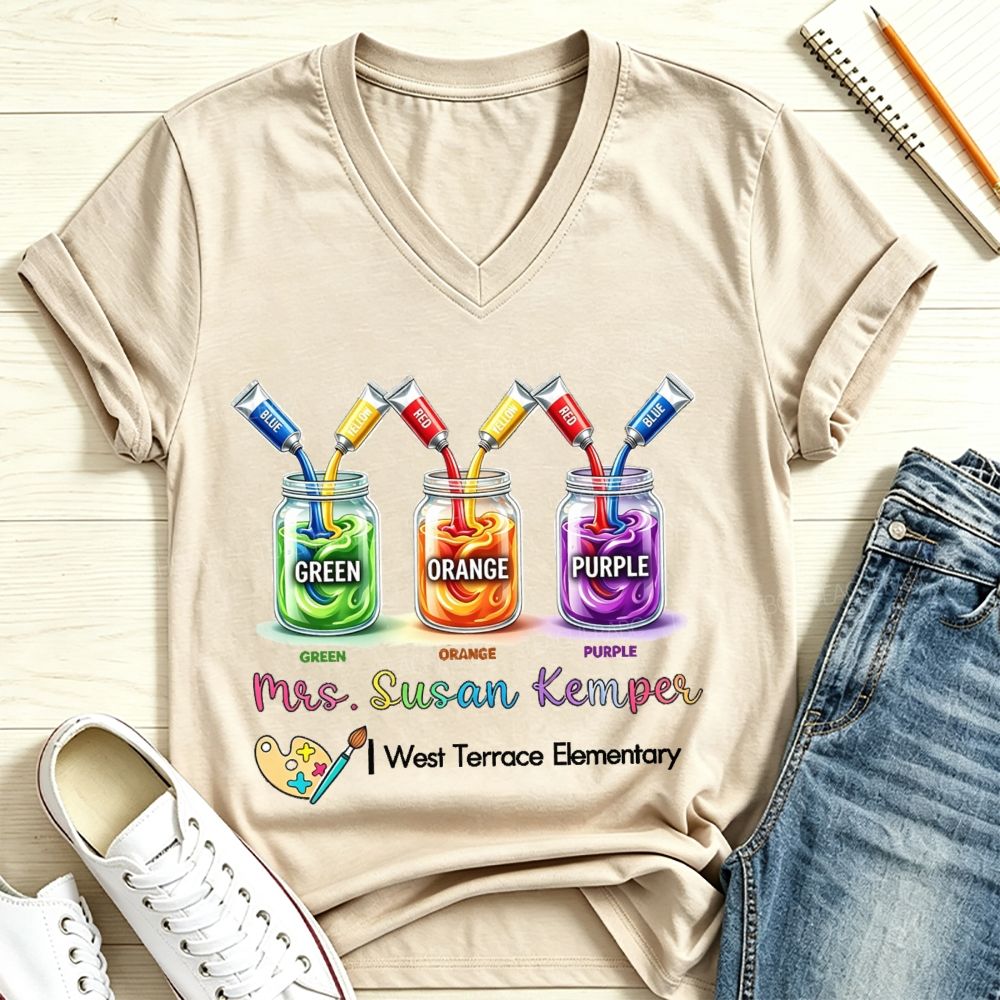 Personalized School And Name Primary Color Mixing Art Teacher V Neck T-shirt