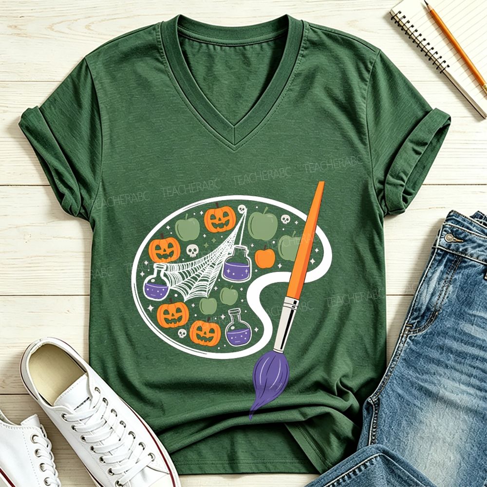Spooky Art Teacher Paint Palette V Neck T-shirt