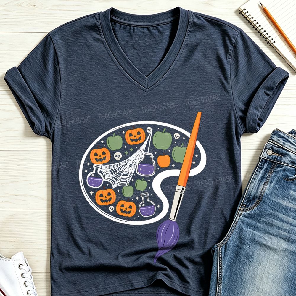 Spooky Art Teacher Paint Palette V Neck T-shirt