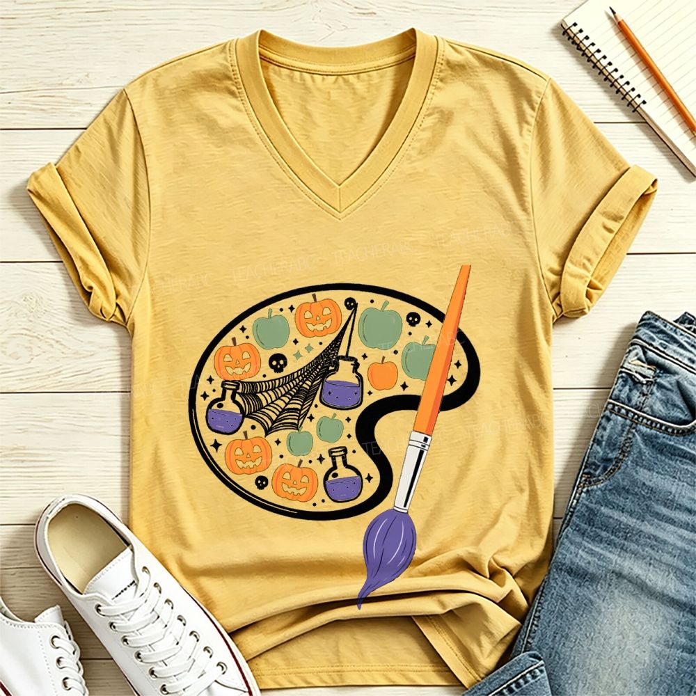 Spooky Art Teacher Paint Palette V Neck T-shirt