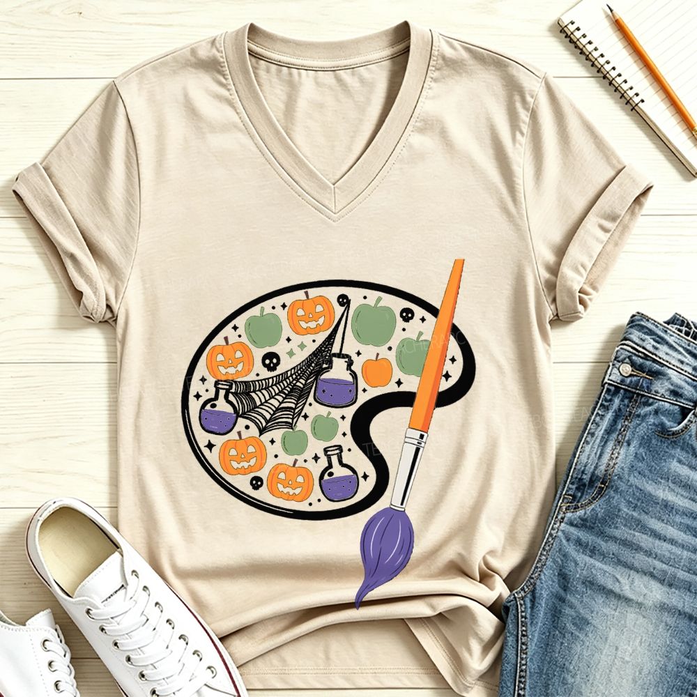 Spooky Art Teacher Paint Palette V Neck T-shirt