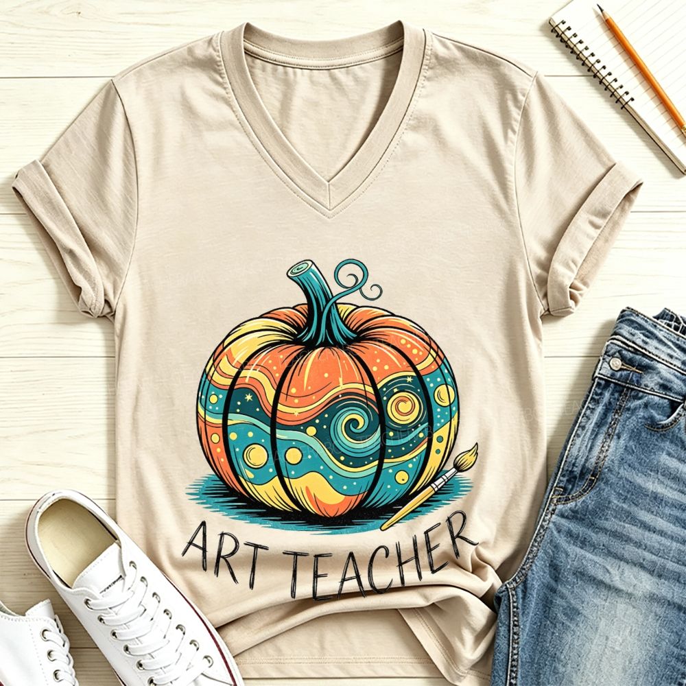 Art Teacher Painting Fall Pumpkins V Neck T-shirt