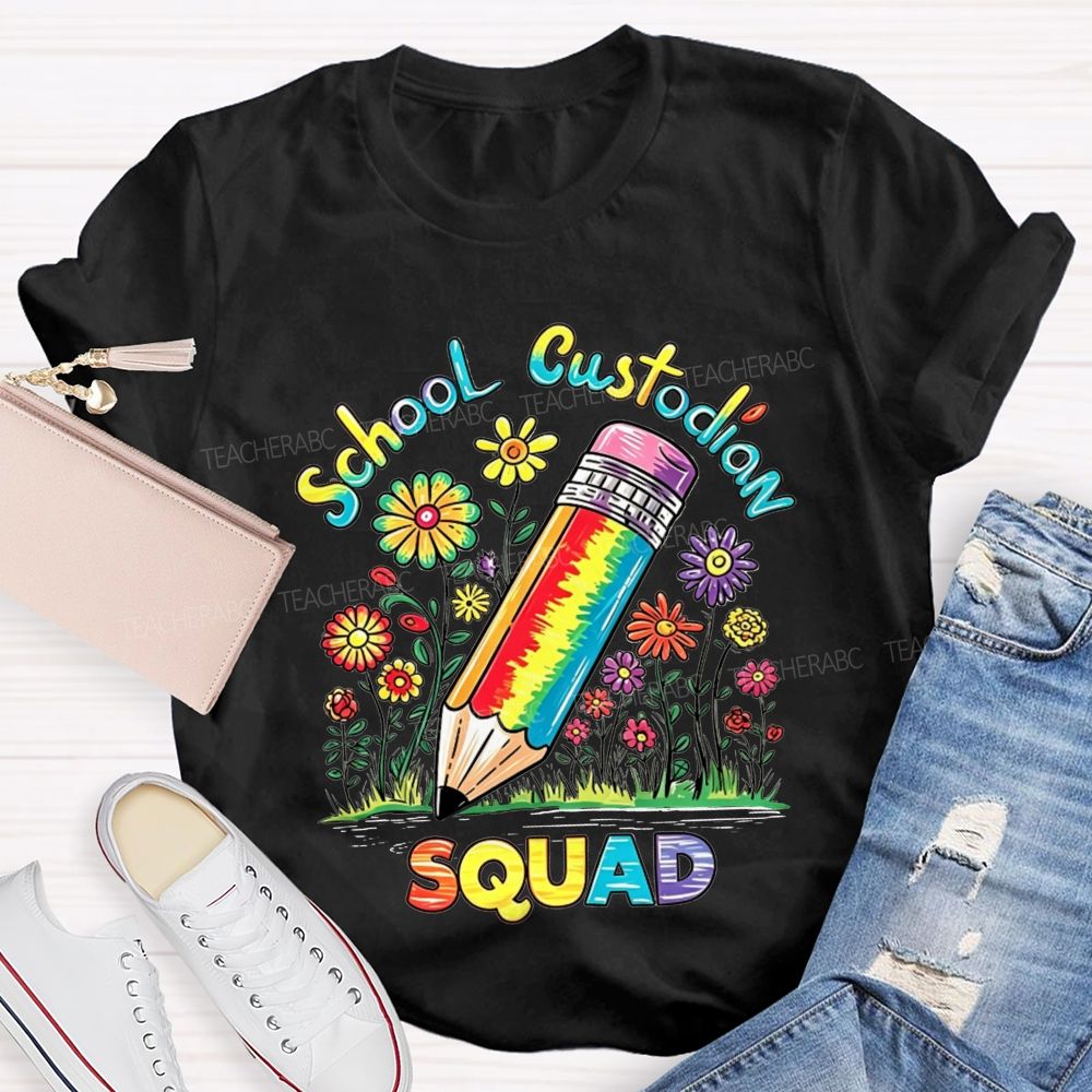 School Custodian Squad Rainbow Pencil Wildflowers T-shirt