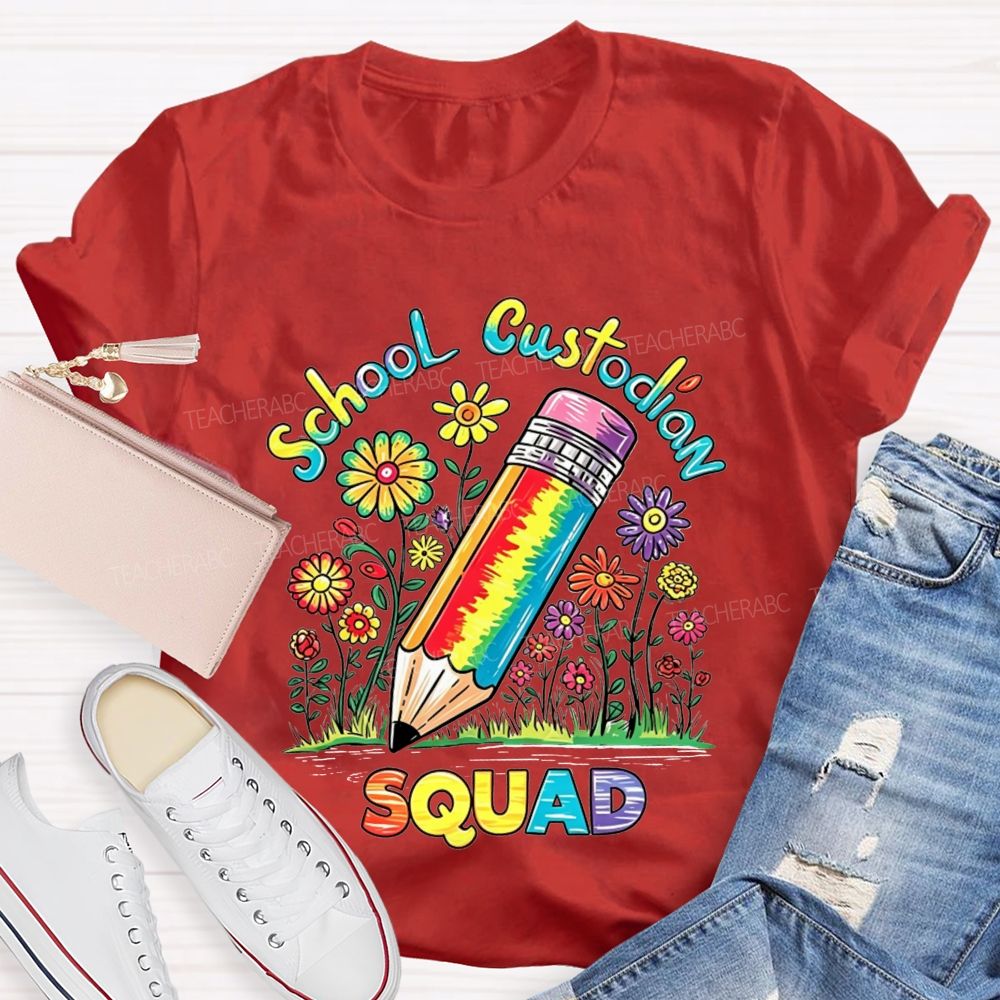 School Custodian Squad Rainbow Pencil Wildflowers T-shirt