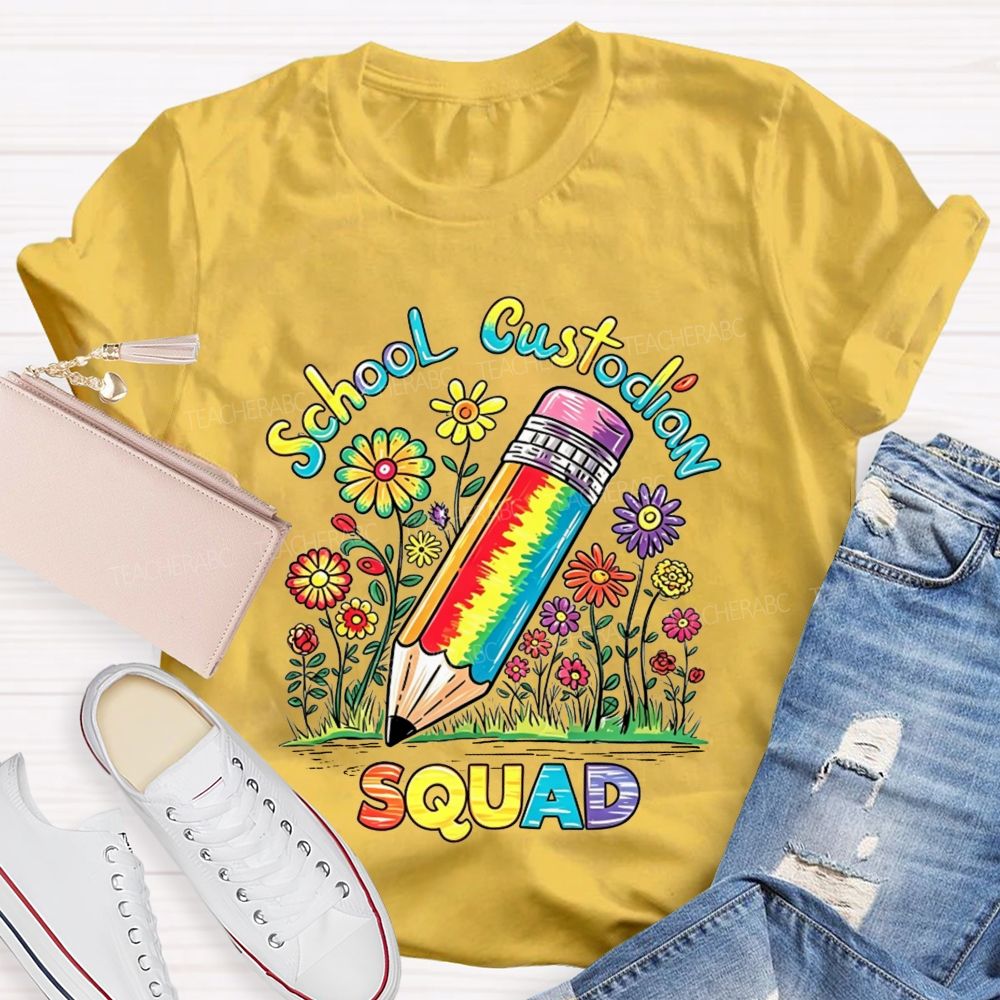 School Custodian Squad Rainbow Pencil Wildflowers T-shirt