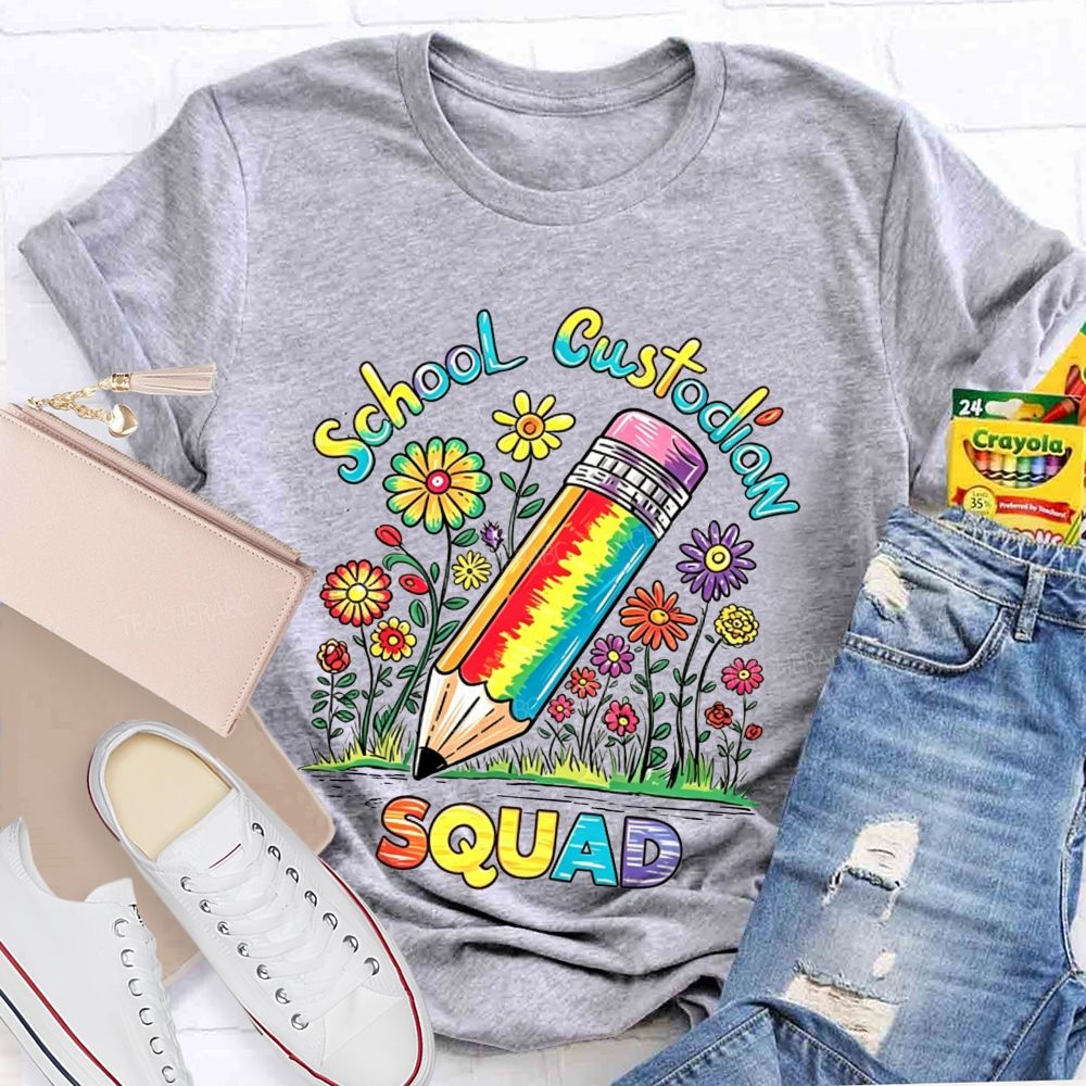 School Custodian Squad Rainbow Pencil Wildflowers T-shirt