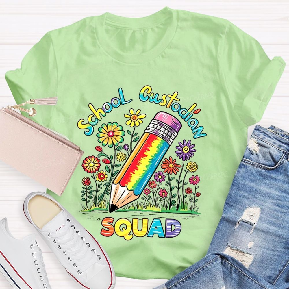 School Custodian Squad Rainbow Pencil Wildflowers T-shirt
