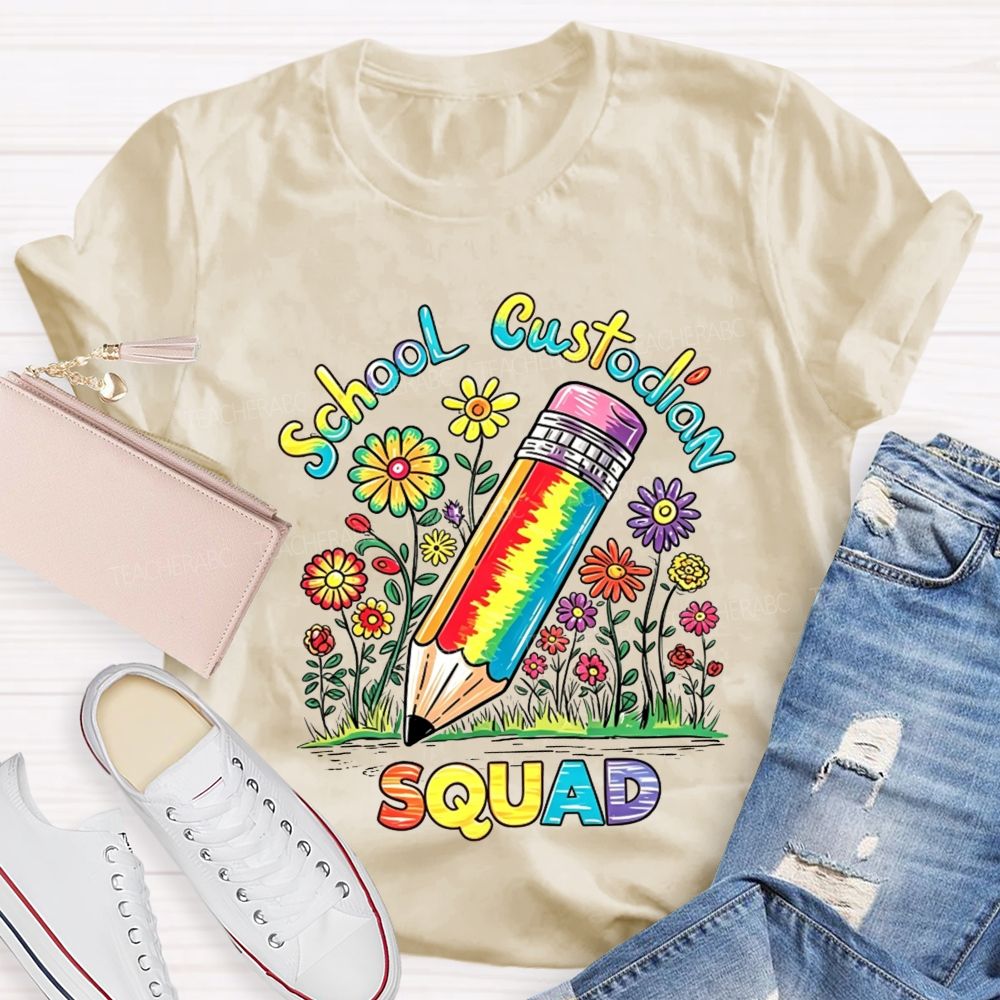 School Custodian Squad Rainbow Pencil Wildflowers T-shirt