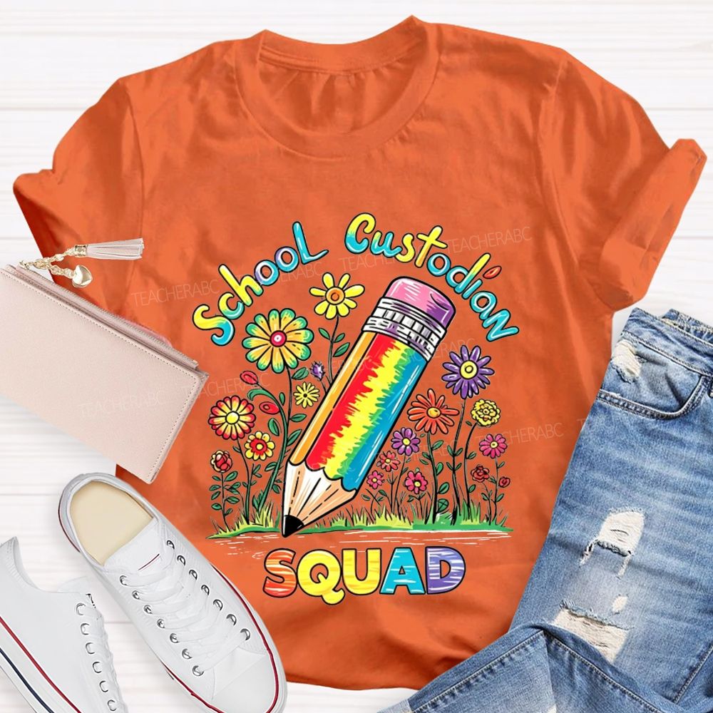 School Custodian Squad Rainbow Pencil Wildflowers T-shirt
