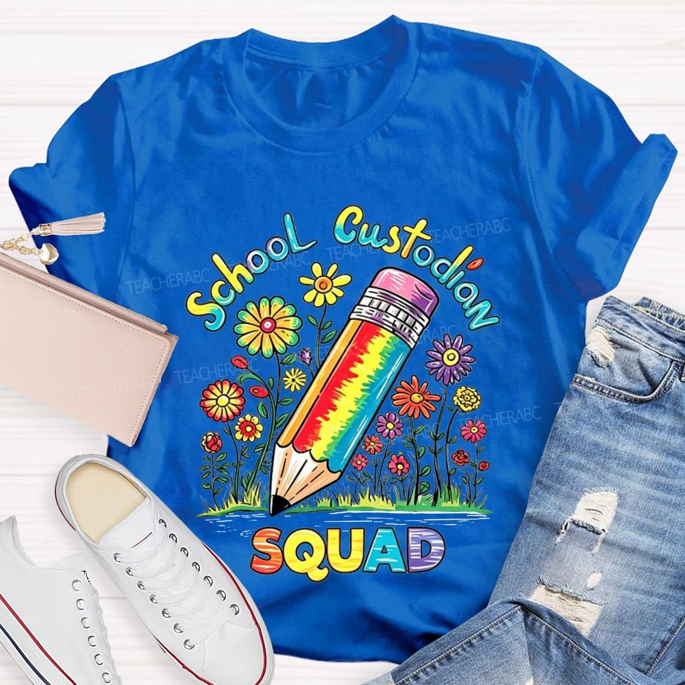 School Custodian Squad Rainbow Pencil Wildflowers T-shirt