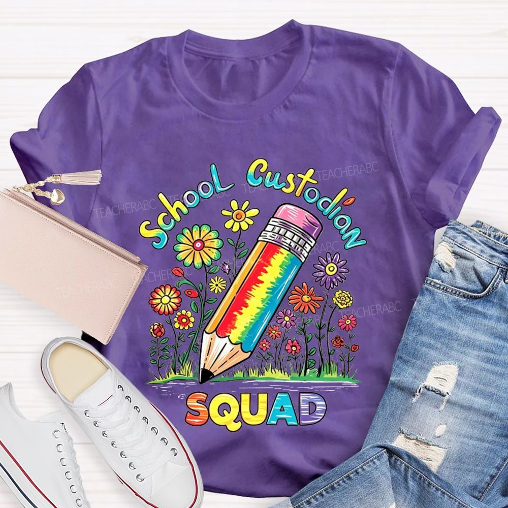 School Custodian Squad Rainbow Pencil Wildflowers T-shirt