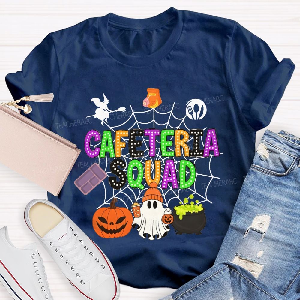 Cafeteria Squad Halloween Ghost Pumpkin Witch Web Teacher T-shirt