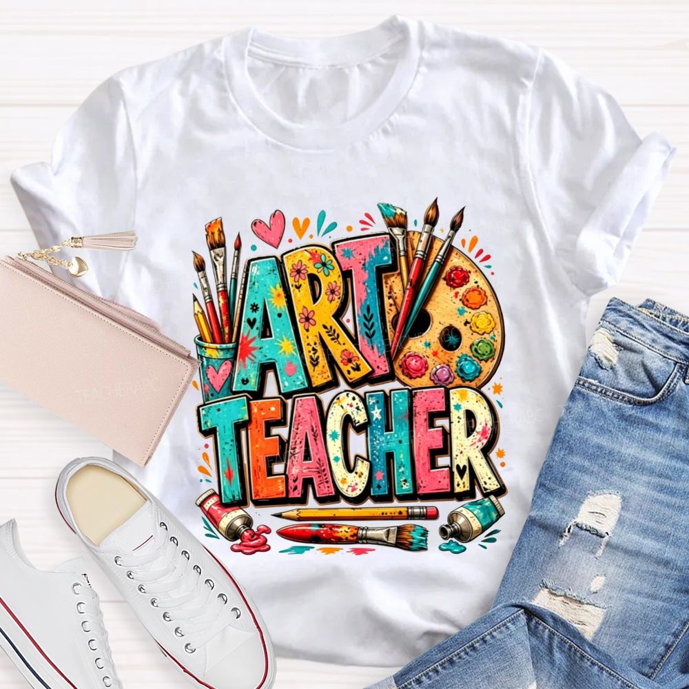 Art Teacher Colorful Doodle Paint Palette Paint Brushes Teacher T-shirt