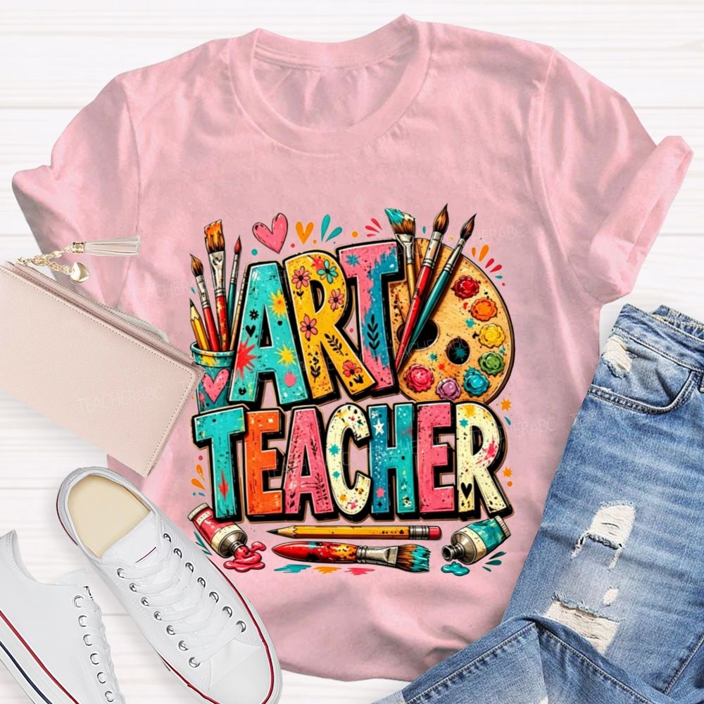 Art Teacher Colorful Doodle Paint Palette Paint Brushes Teacher T-shirt