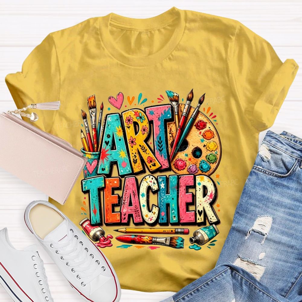 Art Teacher Colorful Doodle Paint Palette Paint Brushes Teacher T-shirt