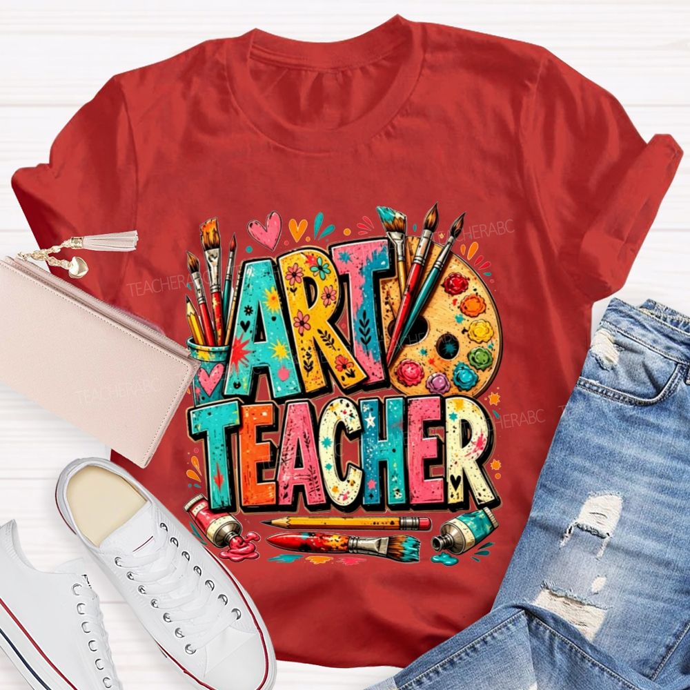 Art Teacher Colorful Doodle Paint Palette Paint Brushes Teacher T-shirt