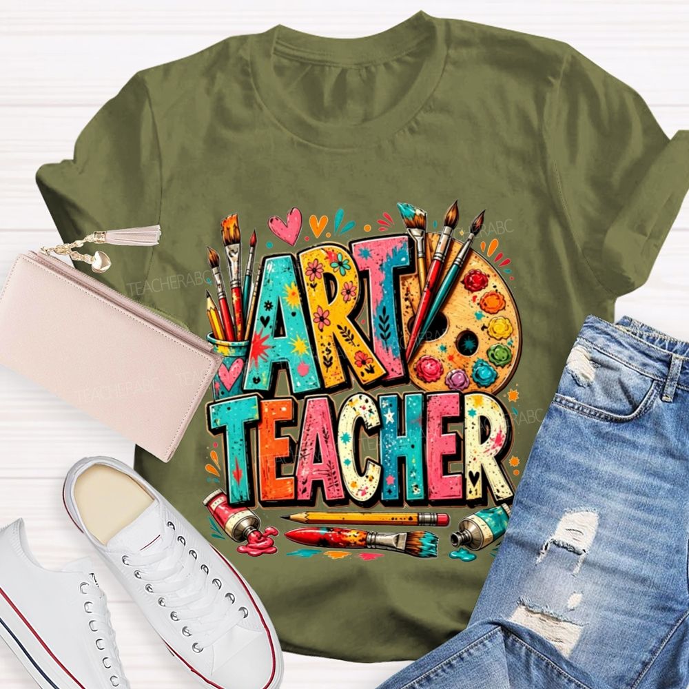 Art Teacher Colorful Doodle Paint Palette Paint Brushes Teacher T-shirt