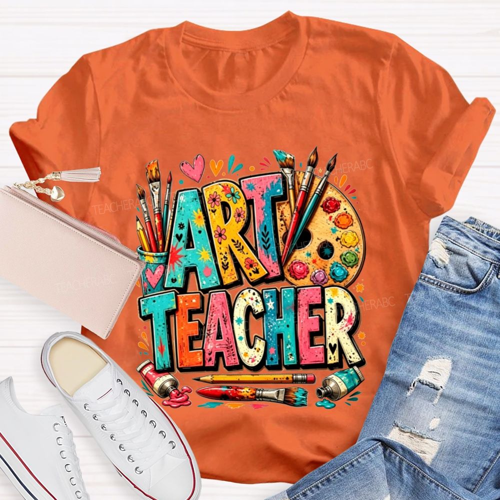 Art Teacher Colorful Doodle Paint Palette Paint Brushes Teacher T-shirt