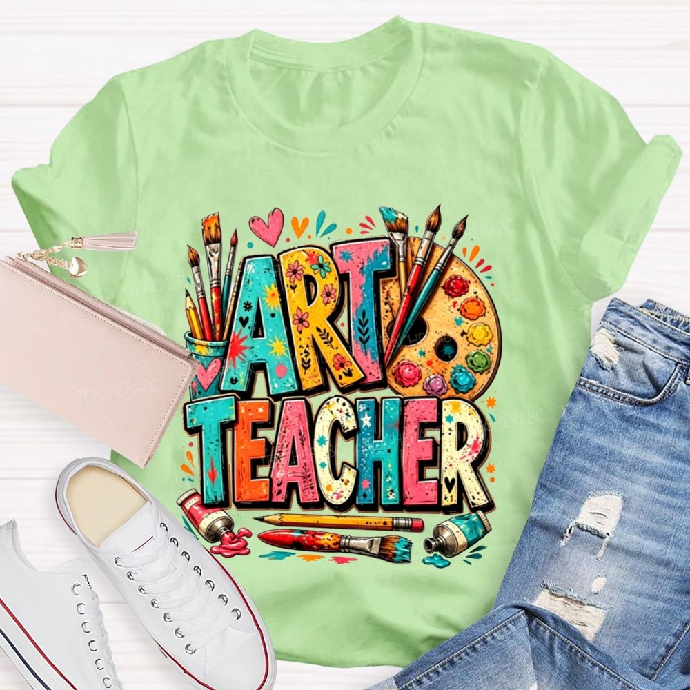 Art Teacher Colorful Doodle Paint Palette Paint Brushes Teacher T-shirt
