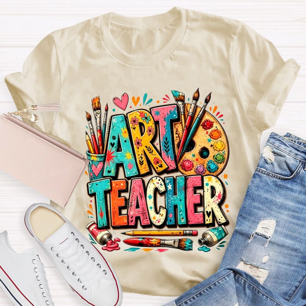 Art Teacher Colorful Doodle Paint Palette Paint Brushes Teacher T-shirt