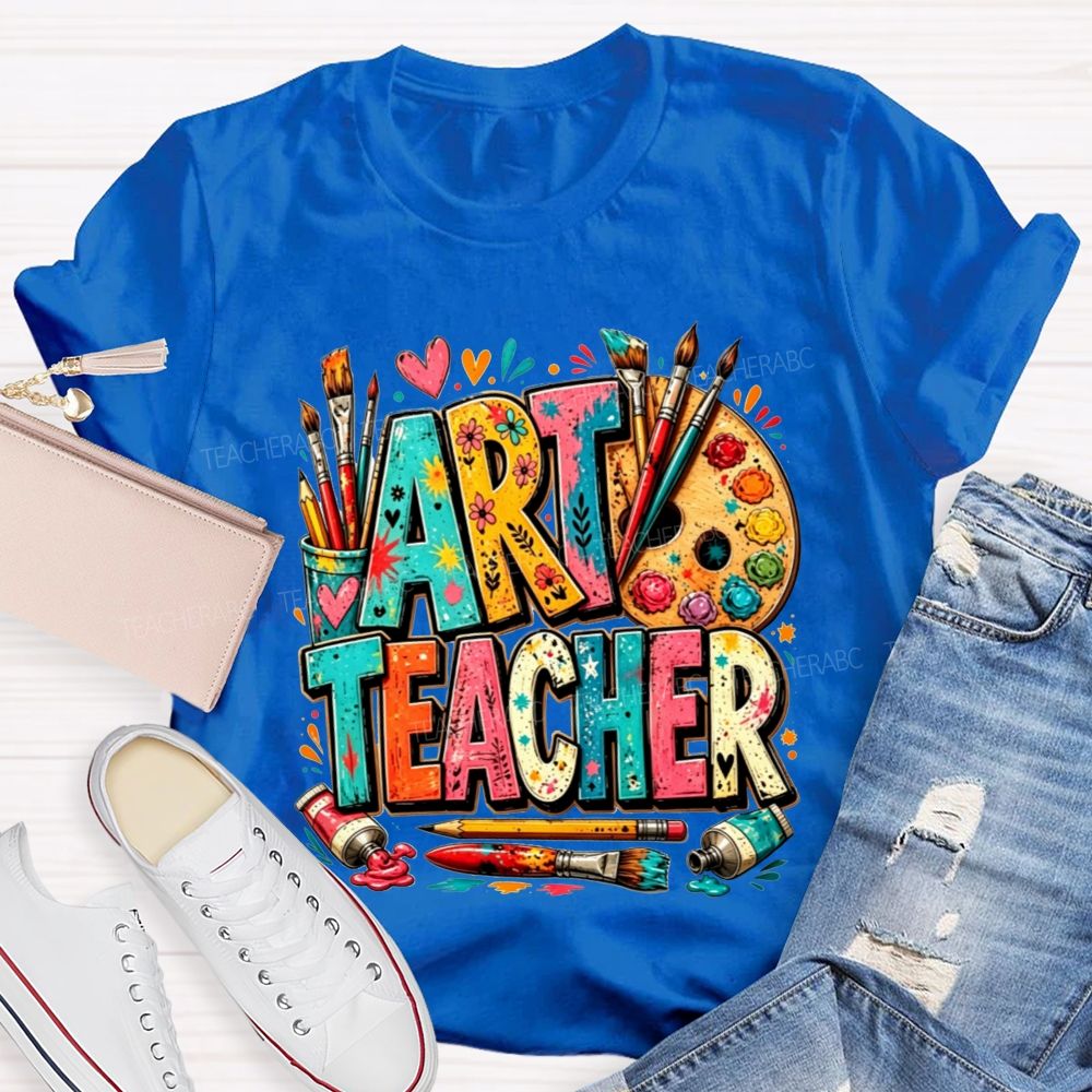 Art Teacher Colorful Doodle Paint Palette Paint Brushes Teacher T-shirt
