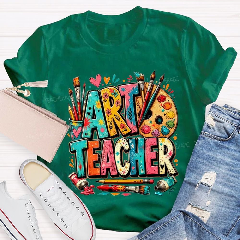 Art Teacher Colorful Doodle Paint Palette Paint Brushes Teacher T-shirt