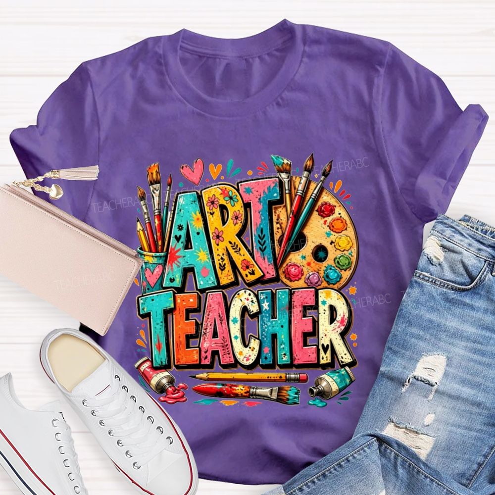Art Teacher Colorful Doodle Paint Palette Paint Brushes Teacher T-shirt