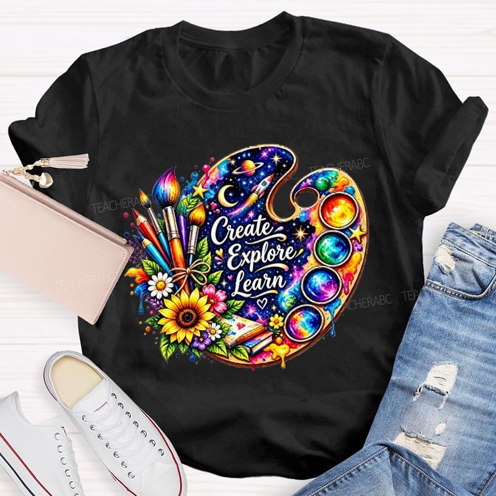 Create Explore Learn Galaxy Paint Palette Sunflower Art Teacher T-shirt