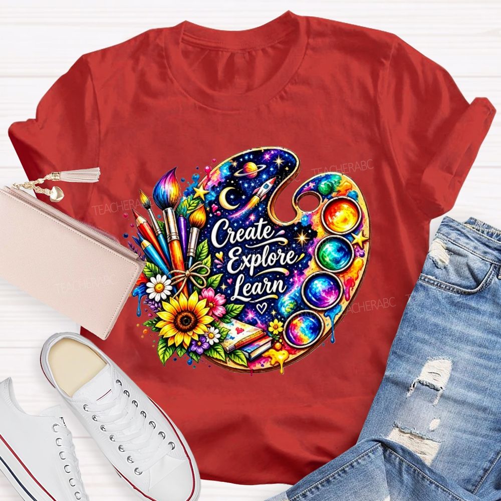 Create Explore Learn Galaxy Paint Palette Sunflower Art Teacher T-shirt