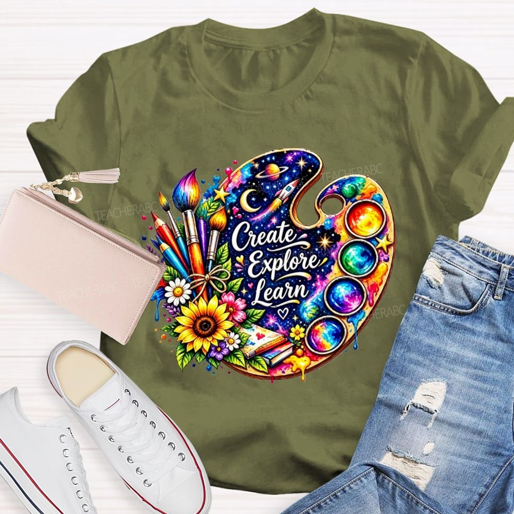 Create Explore Learn Galaxy Paint Palette Sunflower Art Teacher T-shirt