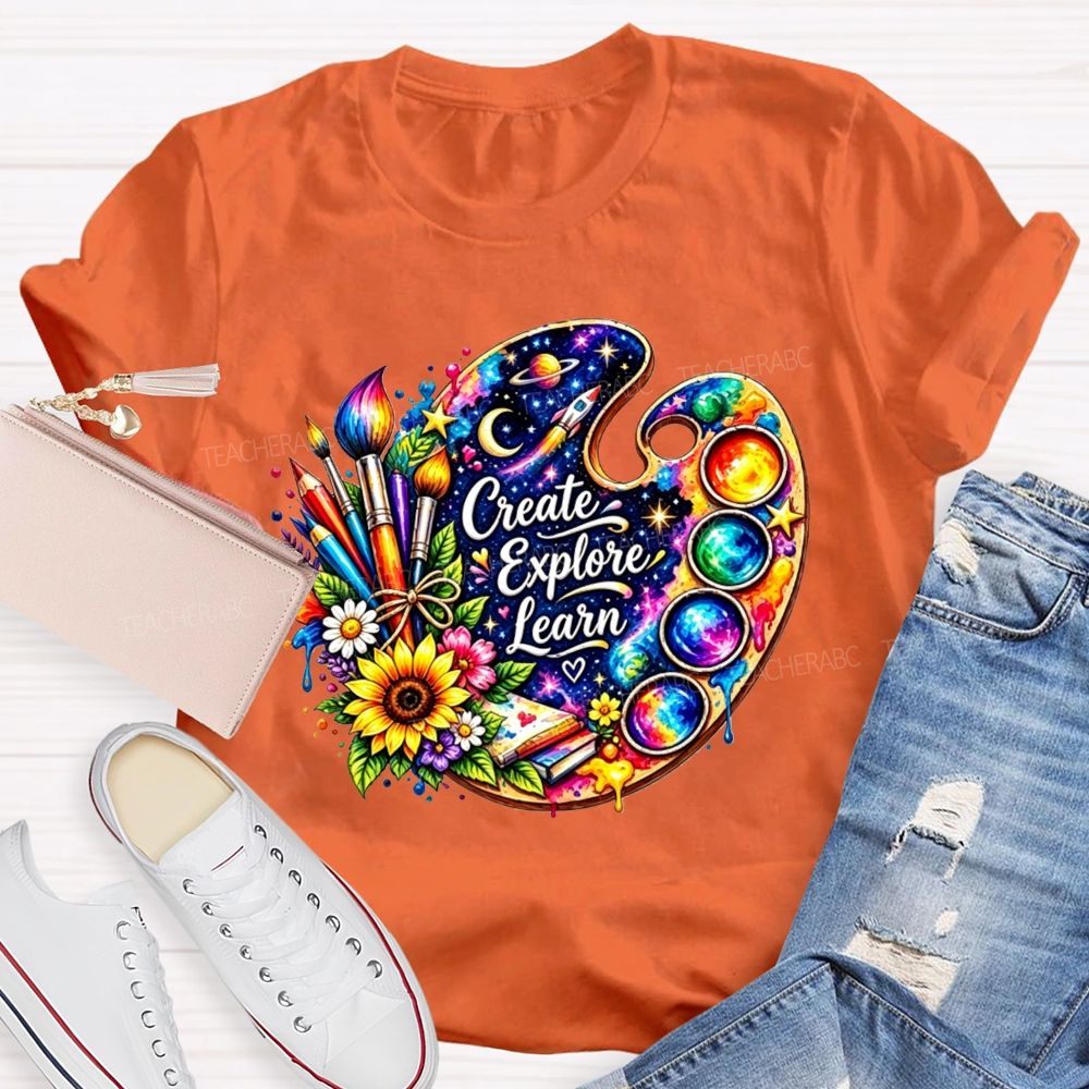 Create Explore Learn Galaxy Paint Palette Sunflower Art Teacher T-shirt