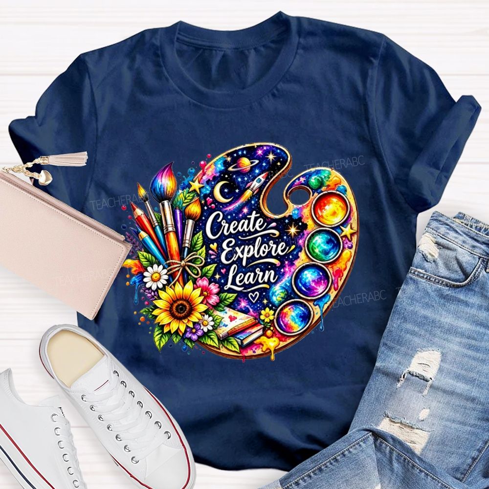 Create Explore Learn Galaxy Paint Palette Sunflower Art Teacher T-shirt