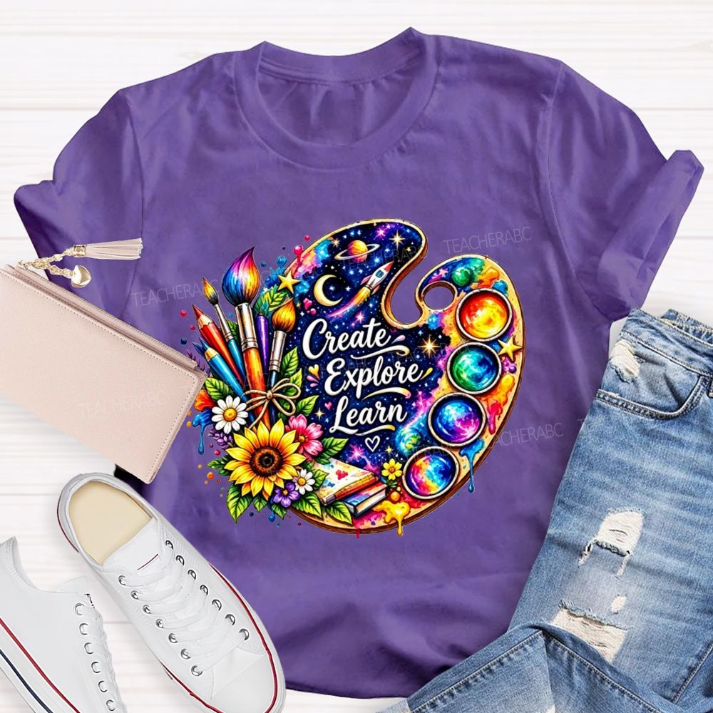 Create Explore Learn Galaxy Paint Palette Sunflower Art Teacher T-shirt