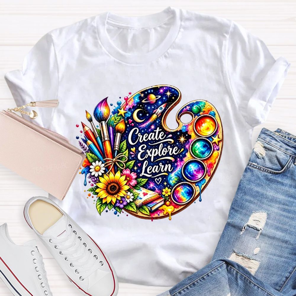 Create Explore Learn Galaxy Paint Palette Sunflower Art Teacher T-shirt