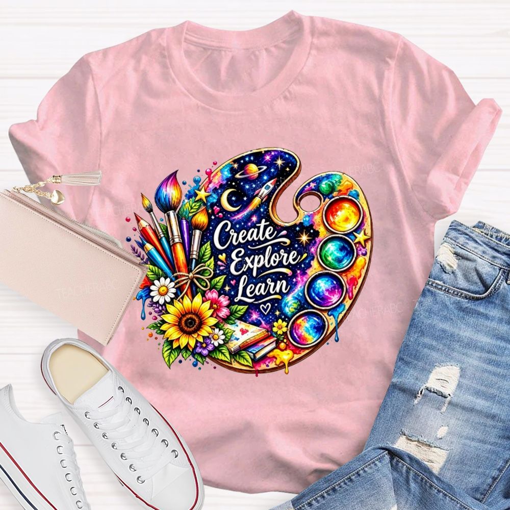 Create Explore Learn Galaxy Paint Palette Sunflower Art Teacher T-shirt