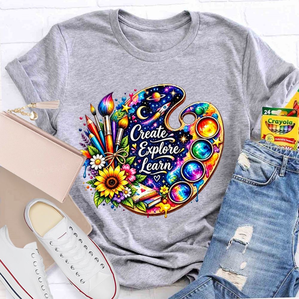 Create Explore Learn Galaxy Paint Palette Sunflower Art Teacher T-shirt
