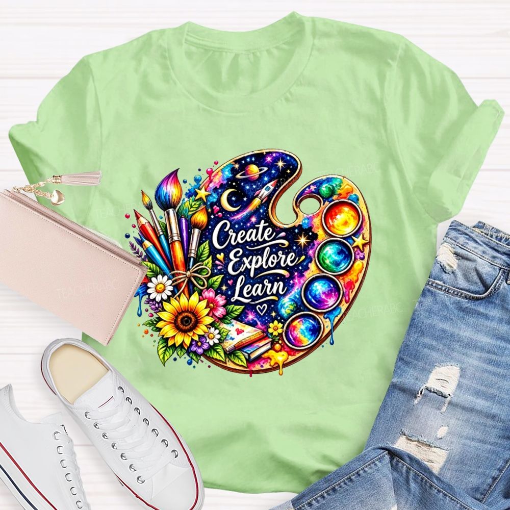 Create Explore Learn Galaxy Paint Palette Sunflower Art Teacher T-shirt