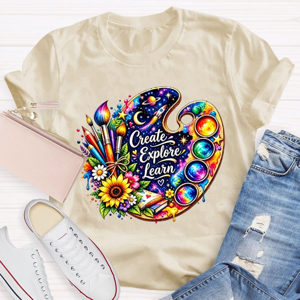 Create Explore Learn Galaxy Paint Palette Sunflower Art Teacher T-shirt